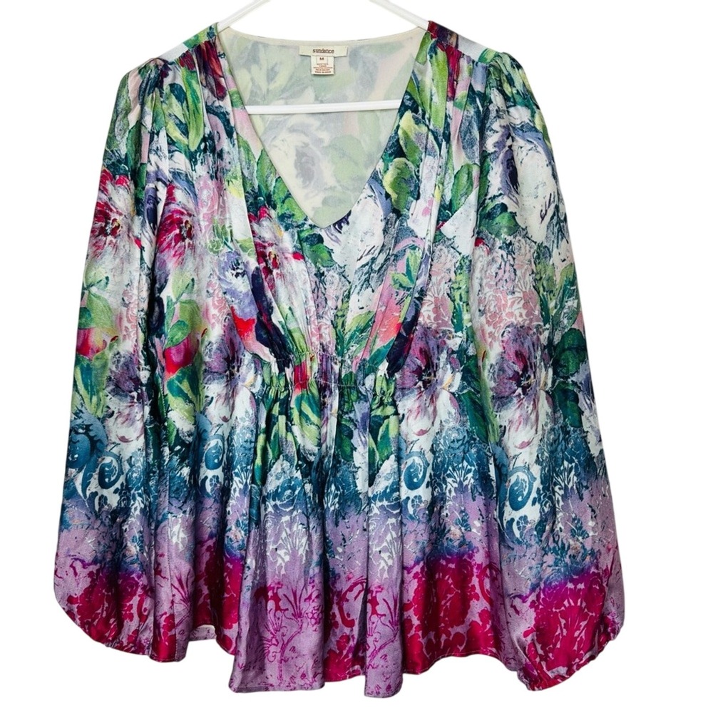 Sundance Womens Samantha Sugarplum Silk Blouse Floral V Neck Pintuck M Easter